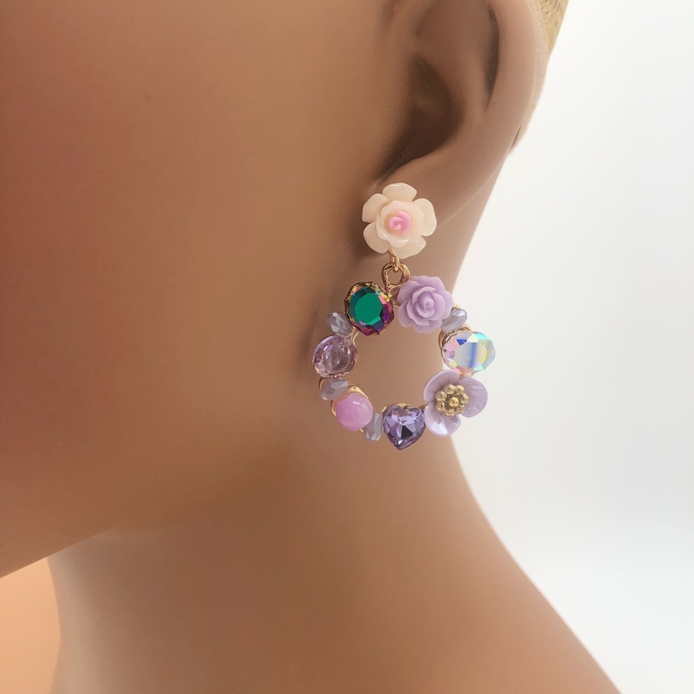 Rose Multi Rhinestone Hoop Earrings - Picture 6 of 7